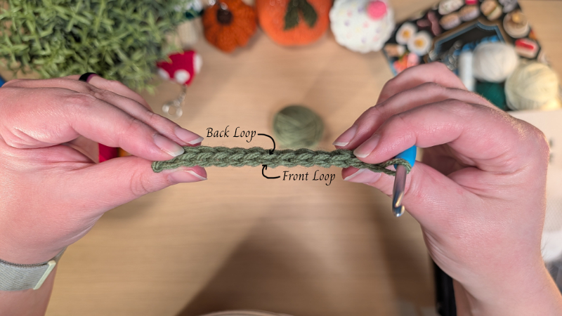 Working row with highlighted front and back loops.